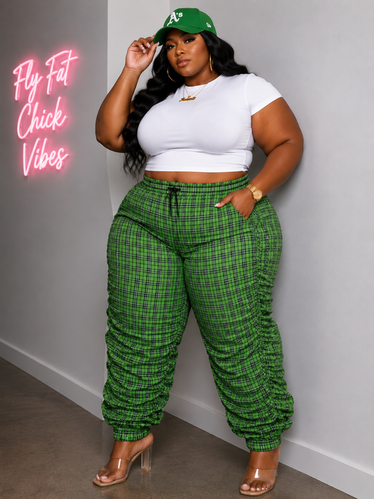 PLUS SIZE "PLAID ON PURPOSE" SCRUNCH PANTS-GREEN-54