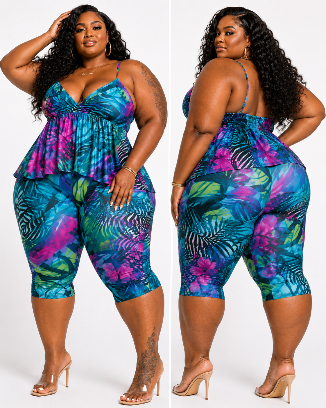 Plus Size "BEAUTIES ONLY"2-PIECE CAPRI SET-BLUE MIX-75