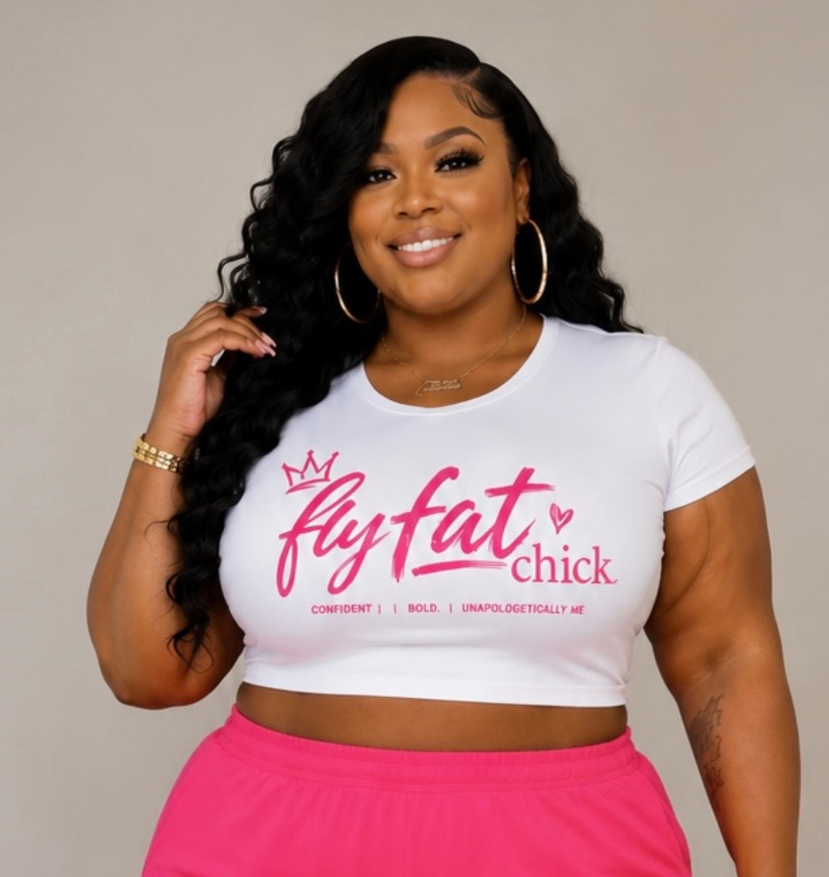 Plus Size " FlyFat Chick" Crop Top-WHITE/HOT PINK-04
