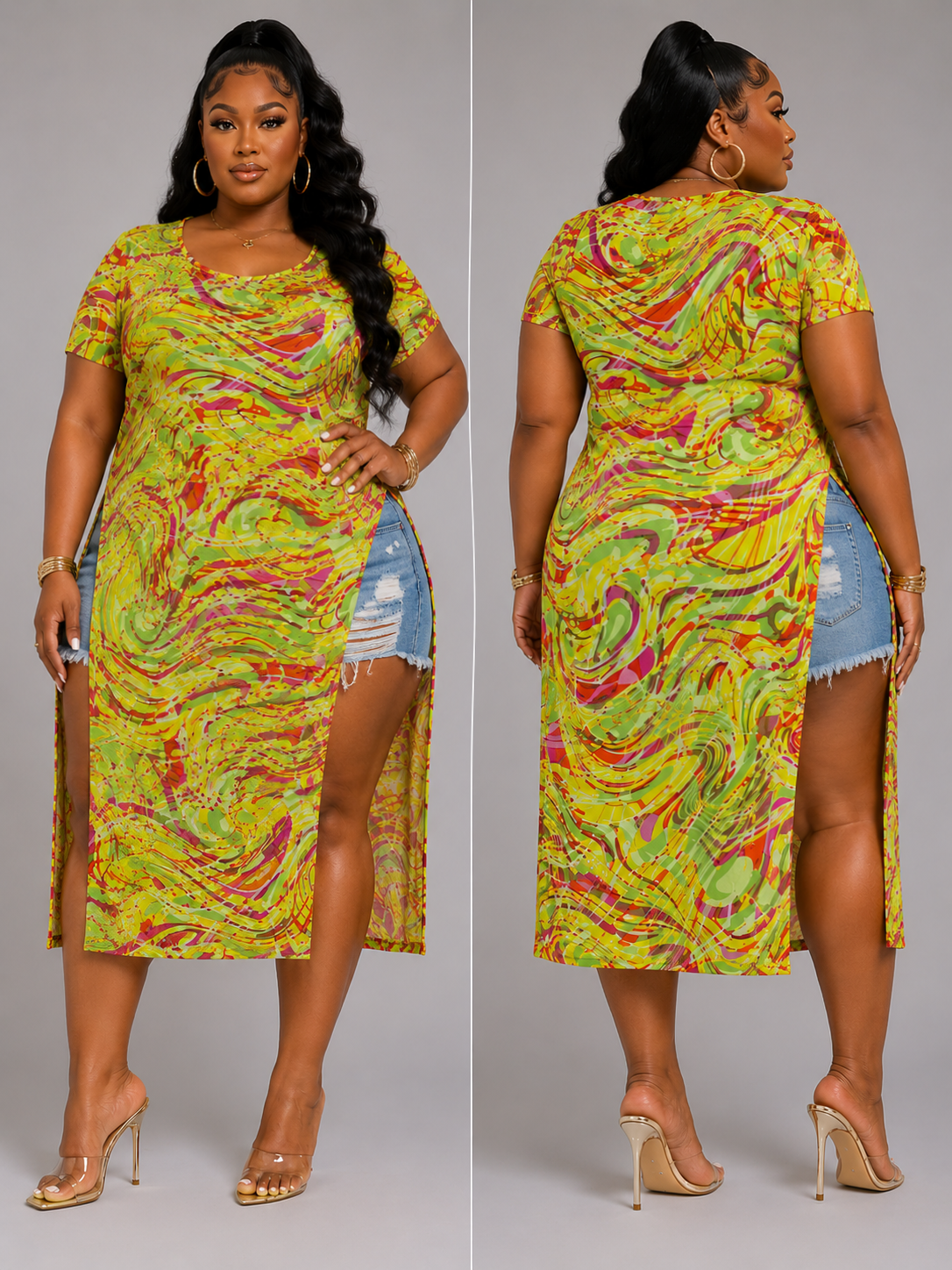 Plus Size Mesh Print Short Sleeve Side Slits Top-YELLOW MIX-60