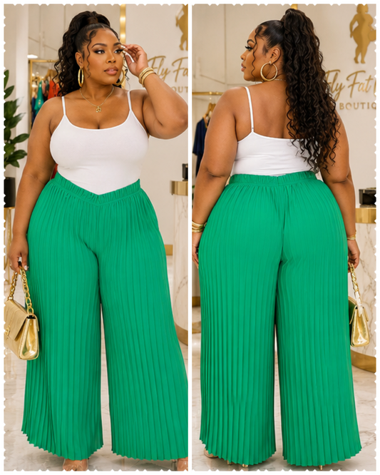PLUS SIZE PLEATED WIDE LEG PALAZZO PANTS-GREEN-16