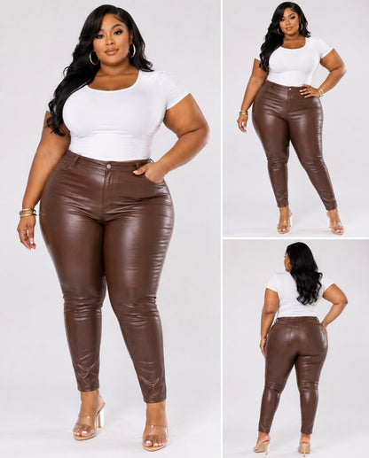 PLUS SIZE FAUX LEATHER PAINTED ON SKINNY STRAIGHT LEG PANTS-BROWN-70