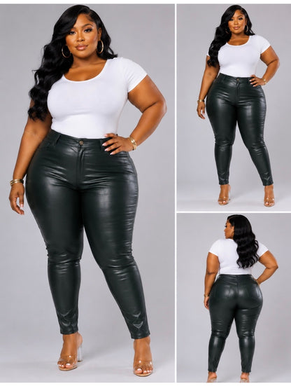 PLUS SIZE FAUX LEATHER PAINTED ON SKINNY STRAIGHT LEG PANTS-DARK GREEN-70