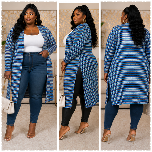 PLUS SIZE STRIPE ME DOWN CARDIGAN-BLUE MIX-26