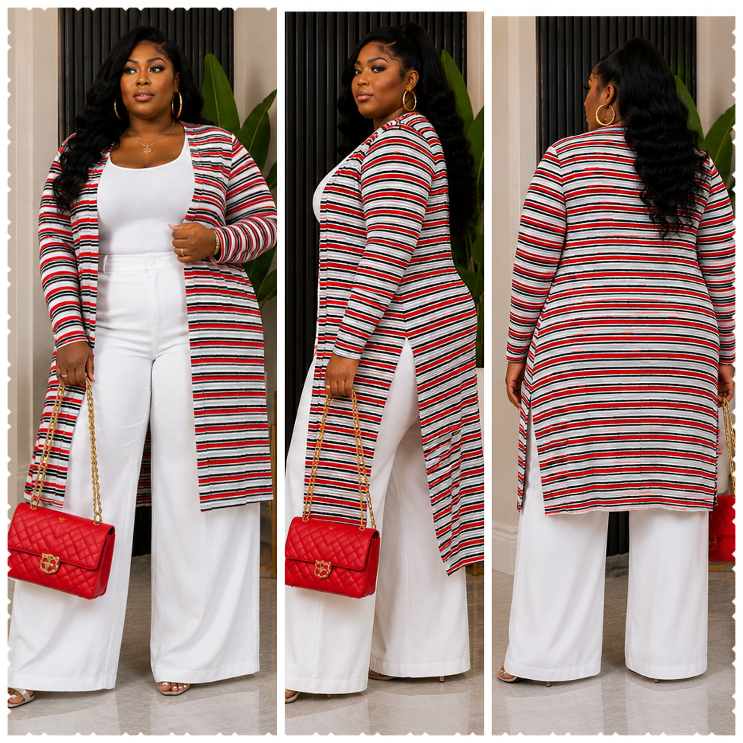 PLUS SIZE STRIPE ME DOWN CARDIGAN-RED MIX-26