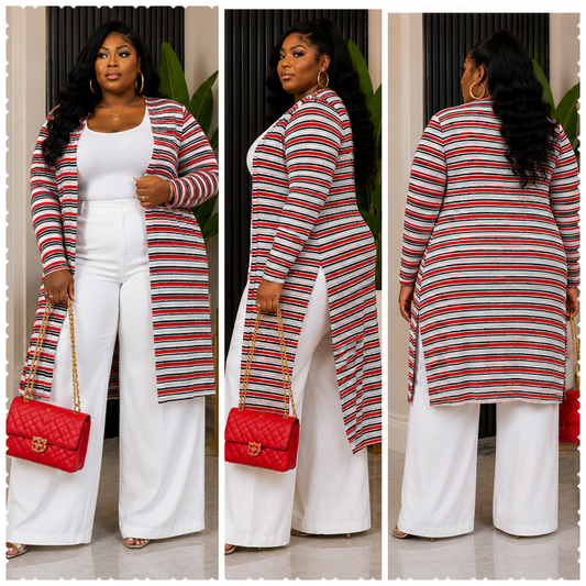 PLUS SIZE STRIPE ME DOWN CARDIGAN-RED MIX-26