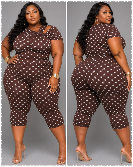 PLUS SIZE :BADDIE CAPRI ROMPER"-CHOCOLATE POLKA DOT-14