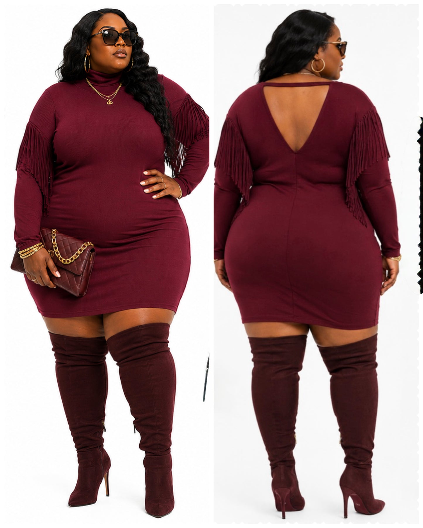 Fringe Dolman Sleeve Plus Mini Dress-BURGUNDY-25 )