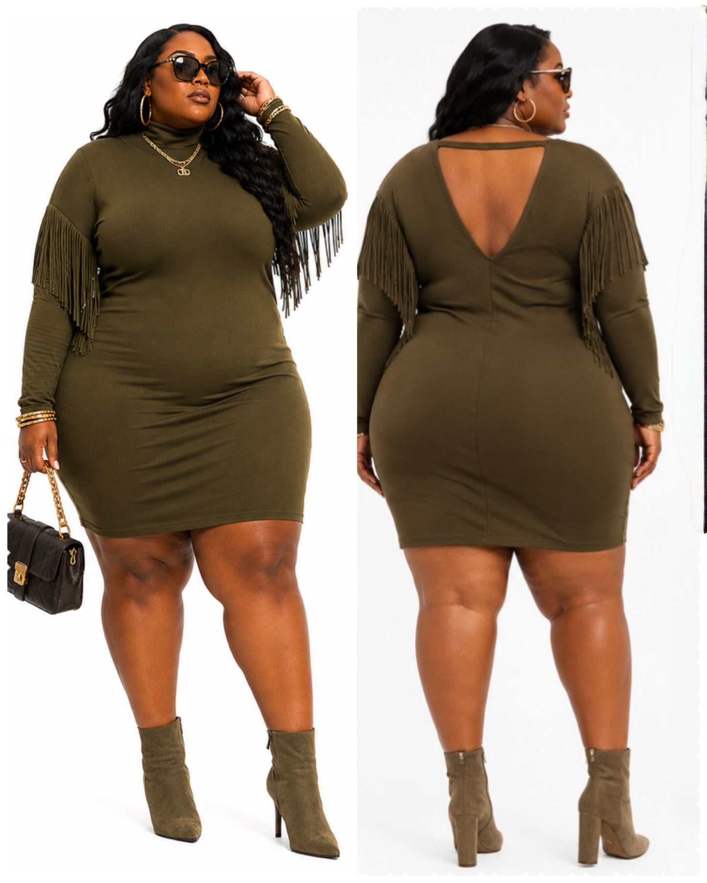 Fringe Dolman Sleeve Plus Mini Dress-OLIVE -25
