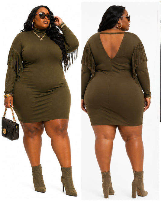 Fringe Dolman Sleeve Plus Mini Dress-OLIVE -25