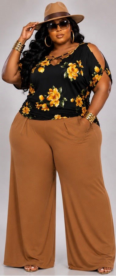 PLUS SIZE  Cold Shoulder Dolman Top-YELLOW FLORAL-36