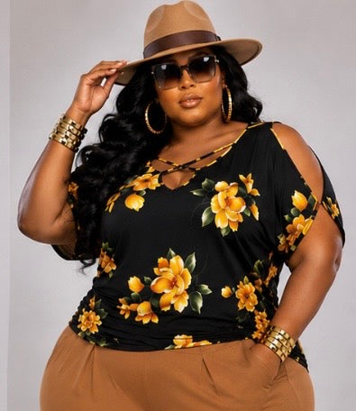 PLUS SIZE  Cold Shoulder Dolman Top-YELLOW FLORAL-36