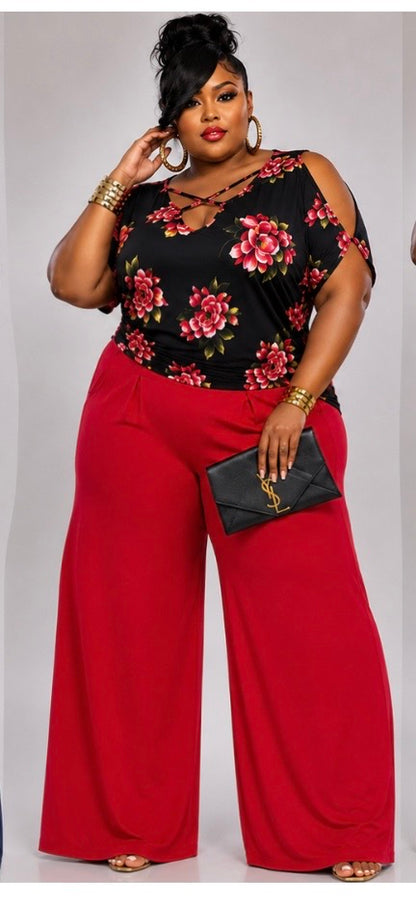 PLUS SIZE  Cold Shoulder Dolman Top-RED FLORAL-36