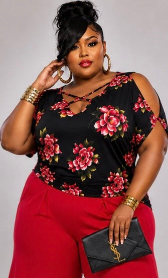 PLUS SIZE  Cold Shoulder Dolman Top-RED FLORAL-36