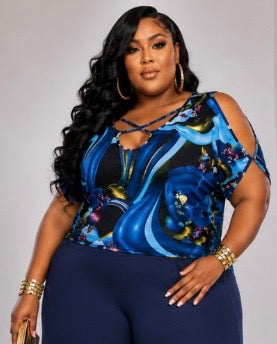 PLUS SIZE  Cold Shoulder Dolman Top-BLUE MIX-36