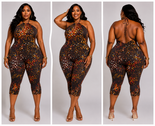 PLUS SIZE "BAD INTENSIONS CAPRI ROMPER"-BROWN CONFETTI