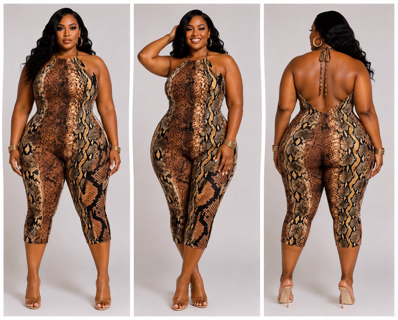 PLUS SIZE "BAD INTENSIONS CAPRI ROMPER"-BROWN SNAKE