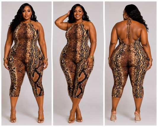 PLUS SIZE "BAD INTENSIONS CAPRI ROMPER"-BROWN SNAKE