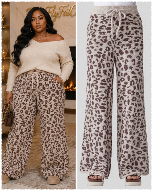 PLUS SIZE "Leopard Fuzzy Pants" TAUPE/COCO-60