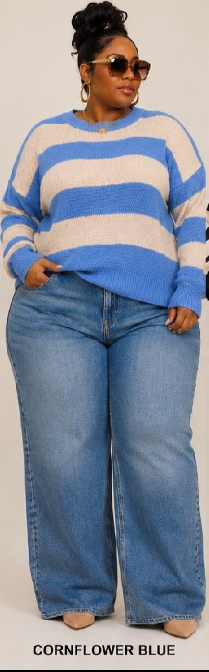 PLUS SIZE "SOFT STATEMENT STRIPED SWEATER"-CORN FLOWER BLUE-49