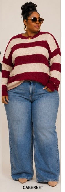 PLUS SIZE "SOFT STATEMENT STRIPED SWEATER"-CABERNET-49