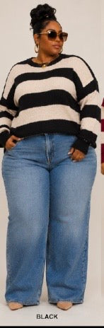 PLUS SIZE "SOFT STATEMENT STRIPED SWEATER"-BLACK
