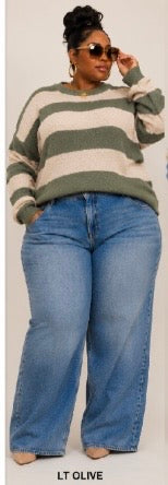 PLUS SIZE "SOFT STATEMENT STRIPED SWEATER"-LT. OLIVE-47