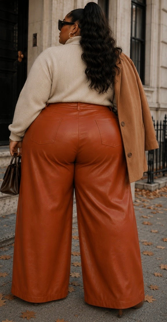PLUS SIZE FAUX LEATHER WIDE LEG PANTS