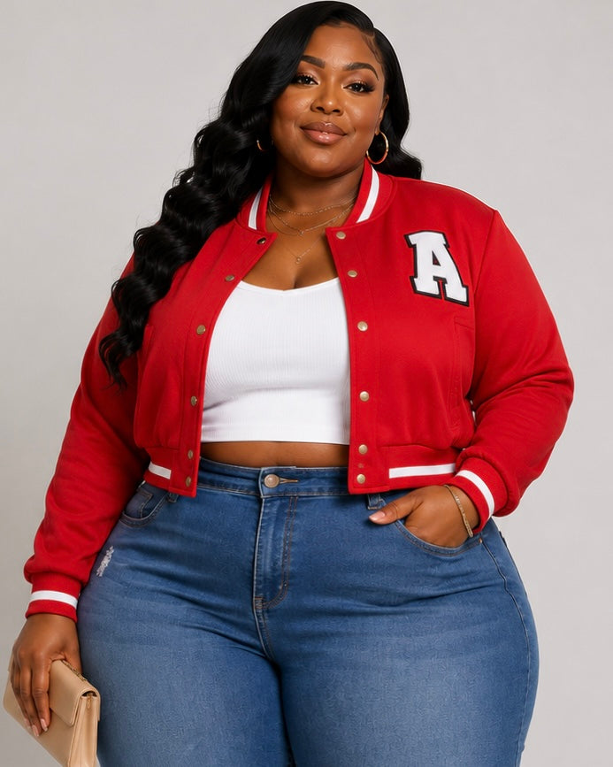PLUS SIZE "BIG LEAGUE BADDIE" CROP JACKET-RED