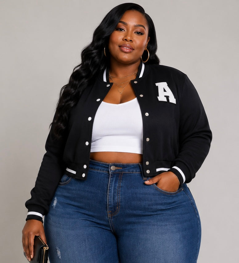 PLUS SIZE "BIG LEAGUE BADDIE" CROP JACKET-BLACK