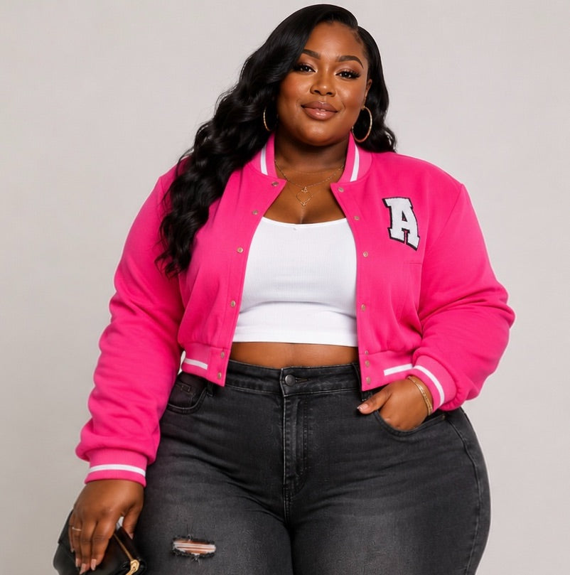 PLUS SIZE "BIG LEAGUE BADDIE" CROP JACKET-PINK