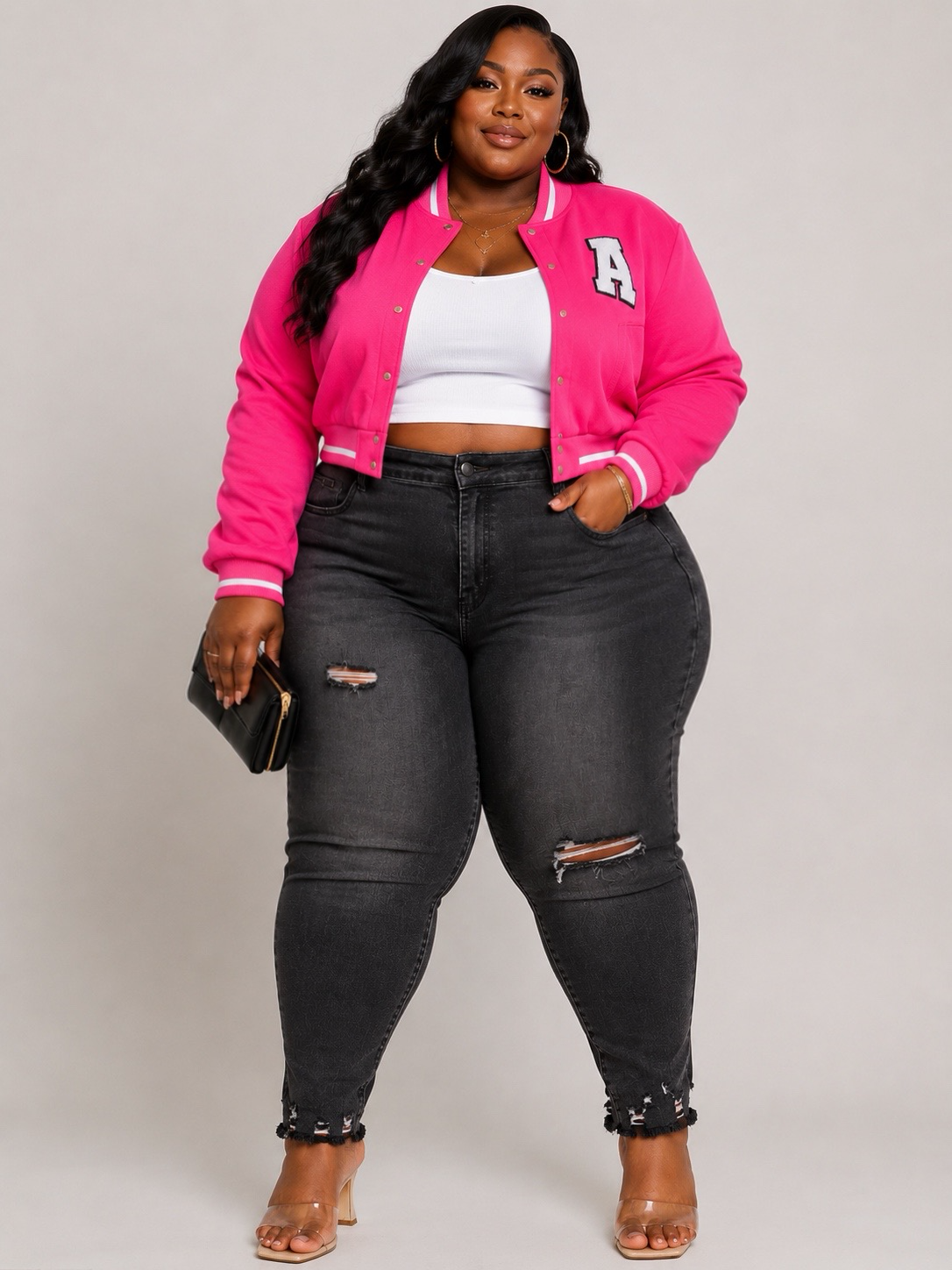 PLUS SIZE "BIG LEAGUE BADDIE" CROP JACKET-PINK