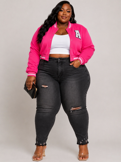 PLUS SIZE "BIG LEAGUE BADDIE" CROP JACKET-PINK