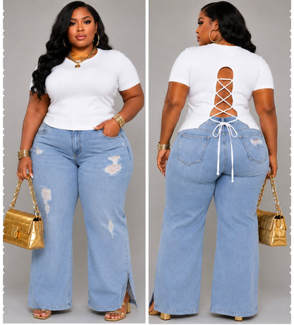 PLUS SIZE SLIT BOTTOM WIDE LEG STRETCH DISTRESS DENIM JEANS-39