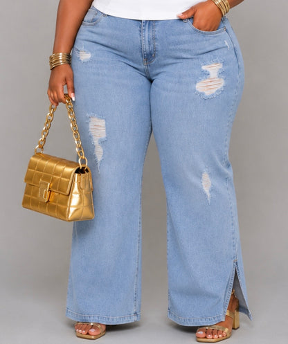PLUS SIZE SLIT BOTTOM WIDE LEG STRETCH DISTRESS DENIM JEANS-39