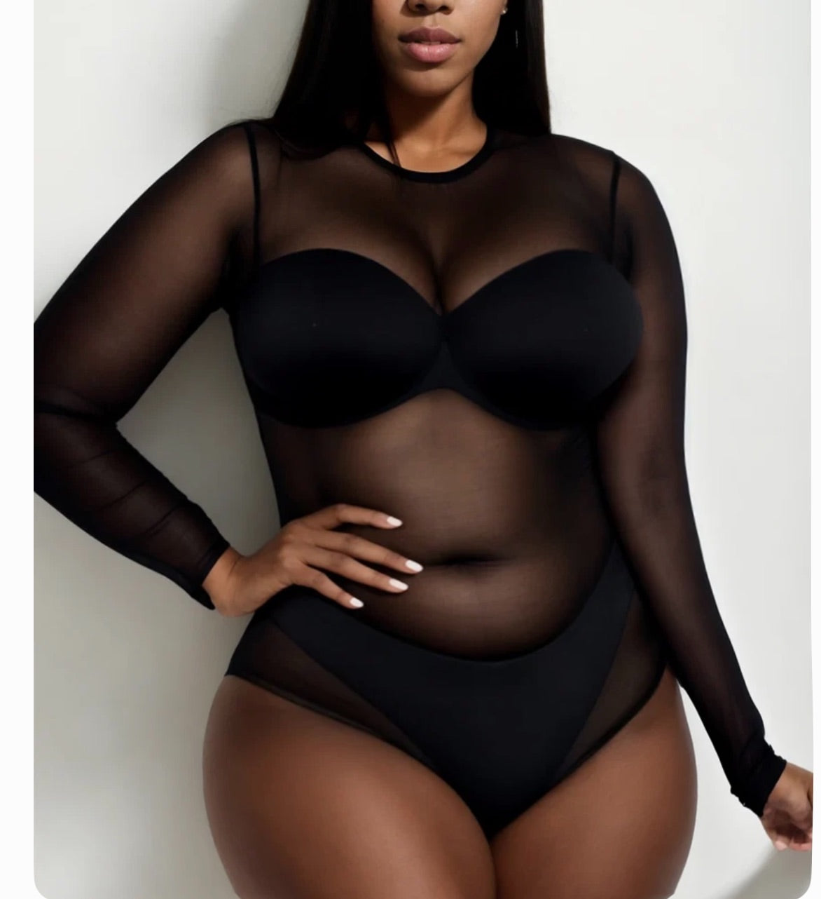 PLUS SIZE LONG SLEEVE MESH BODYSUIT-BLACK-67