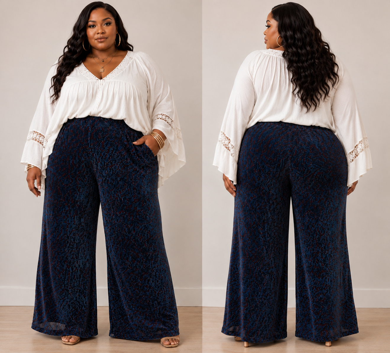 PLUS SIZE ELASTIC WAIST SHIMMER WIDE LEG PANTS