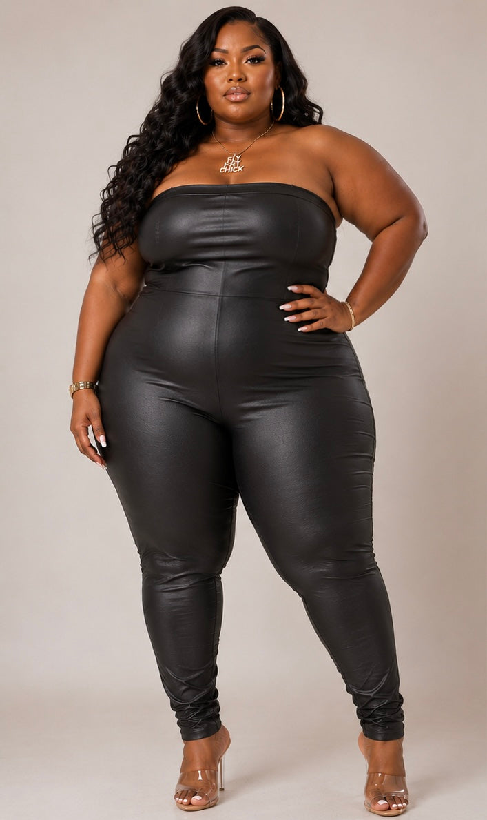 PLUS SIZE PAINTED ON FAUX LEATHER HALTER JUMPSUIT