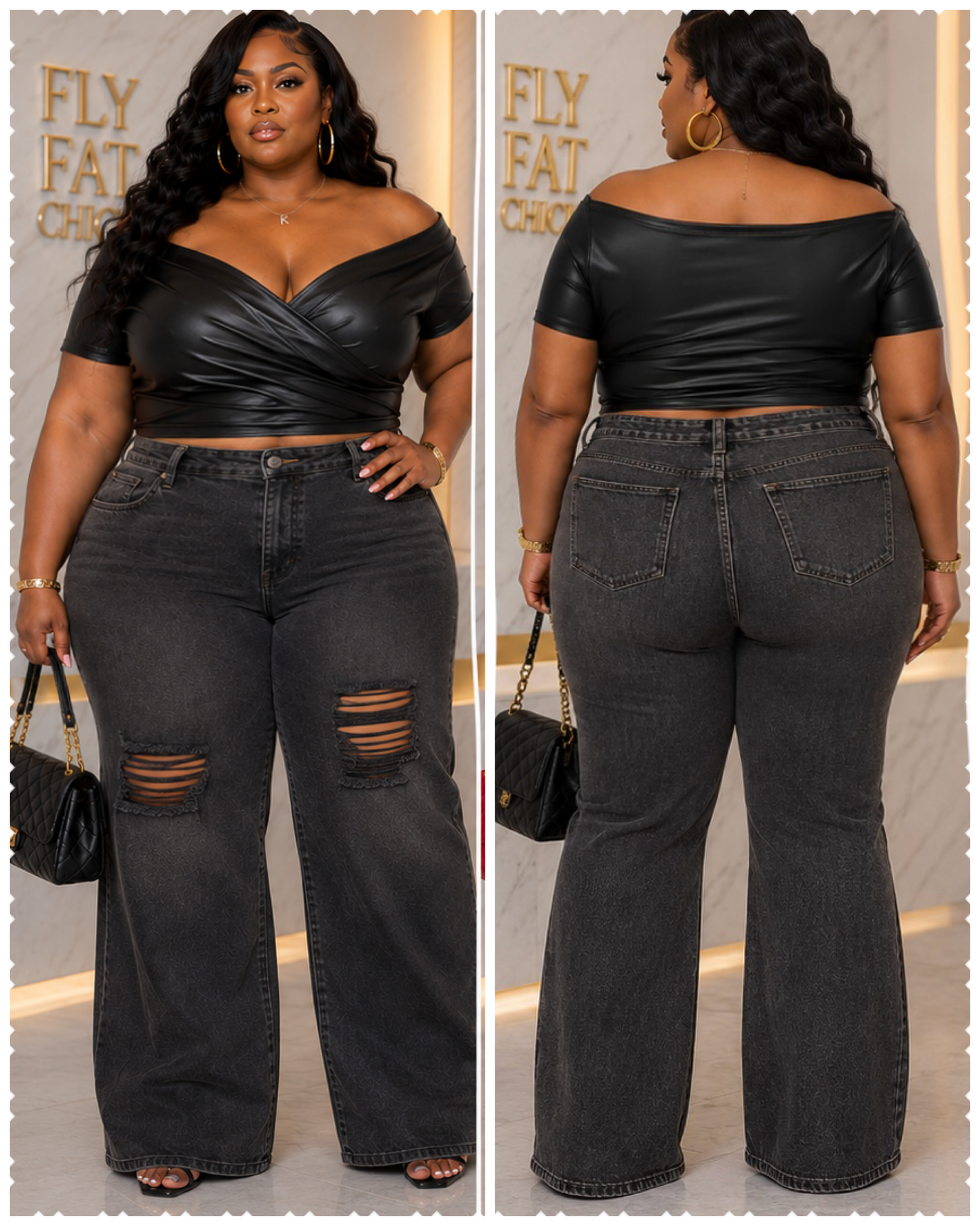 PLUS SIZE FAUX LEATHER OFF SHOULDER SEXY TOP-BLACK