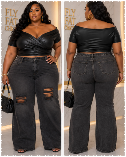 PLUS SIZE FAUX LEATHER OFF SHOULDER SEXY TOP-BLACK