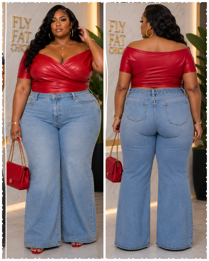 PLUS SIZE FAUX LEATHER OFF SHOULDER SEXY TOP-RED