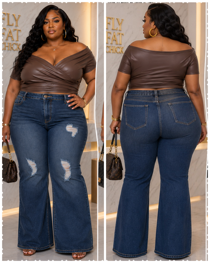 PLUS SIZE FAUX LEATHER OFF SHOULDER SEXY TOP-BROWN
