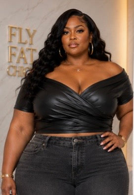 PLUS SIZE FAUX LEATHER OFF SHOULDER SEXY TOP-BLACK