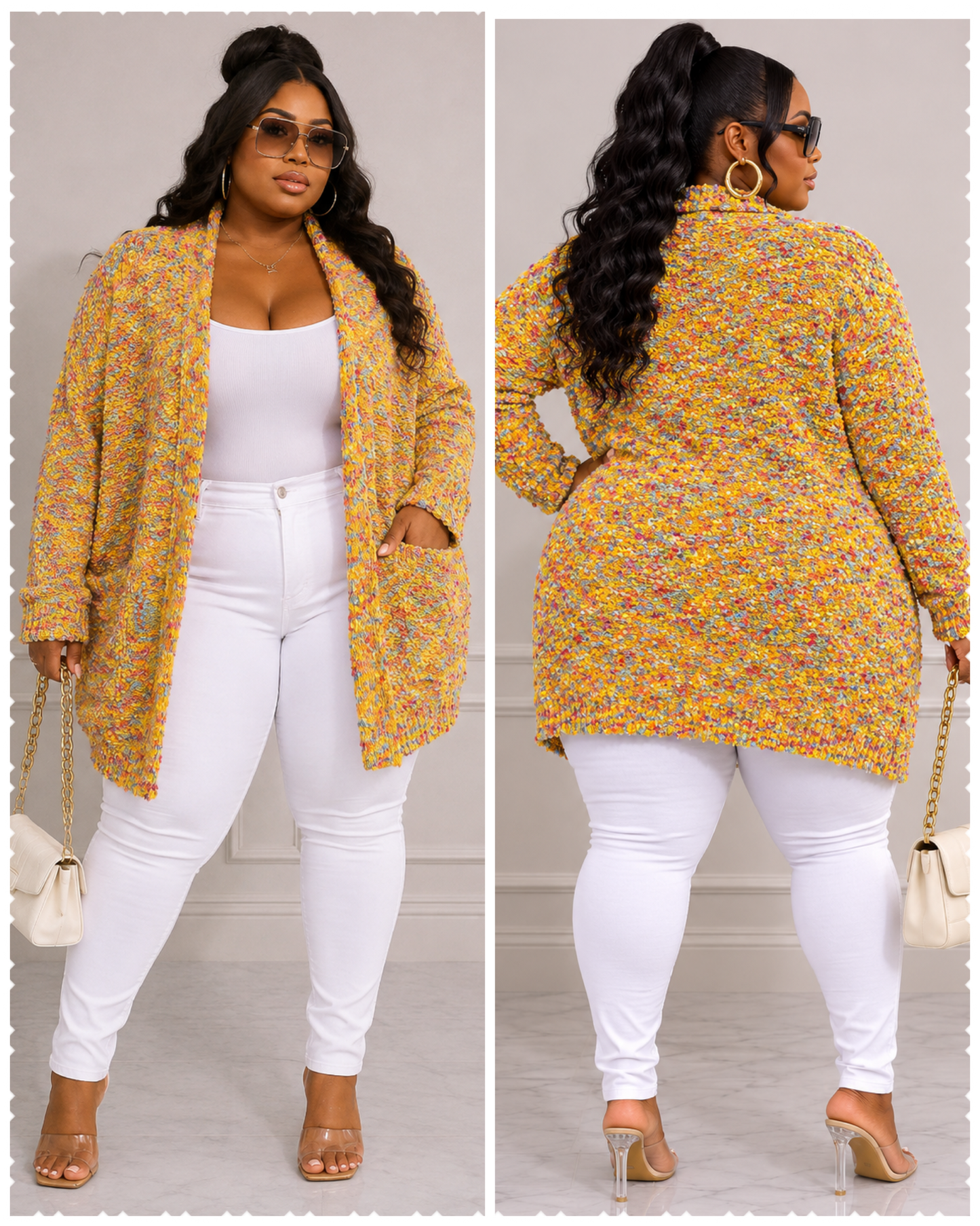 PLUS SIZE OPEN FRONT POCKETS MULTI MUSTARD CARDIGAN