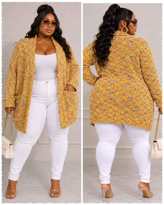 PLUS SIZE OPEN FRONT POCKETS MULTI MUSTARD CARDIGAN-27