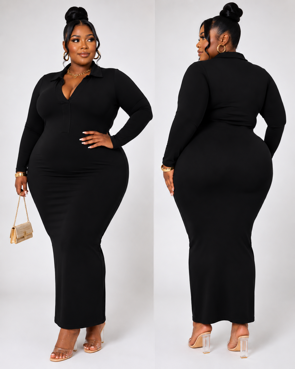 PLUS SIZE 2-PIECE "GROWN & CLASSY" LONG SLEEVE COLLARED DRESS-BLACK