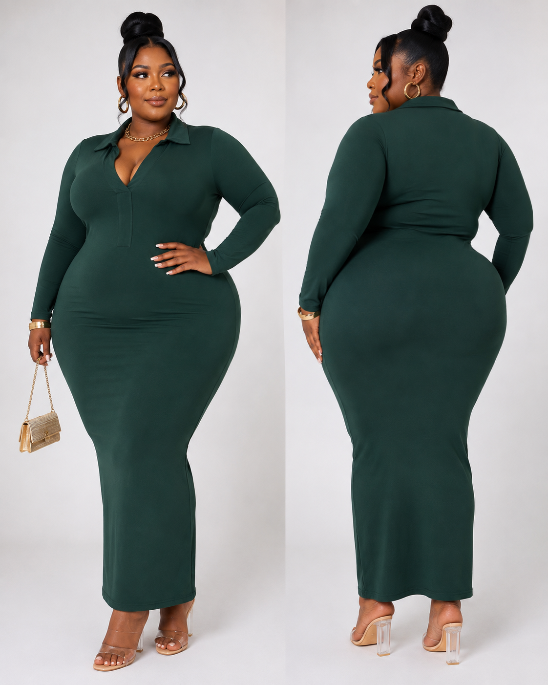 PLUS SIZE 2-PIECE "GROWN & CLASSY" LONG SLEEVE COLLARED DRESS-HUNTER GREEN