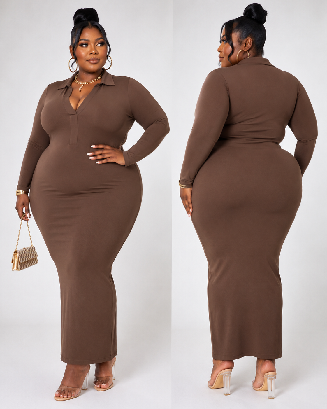 PLUS SIZE 2-PIECE "GROWN & CLASSY" LONG SLEEVE COLLARED DRESS-CHOCOLATE BROWN