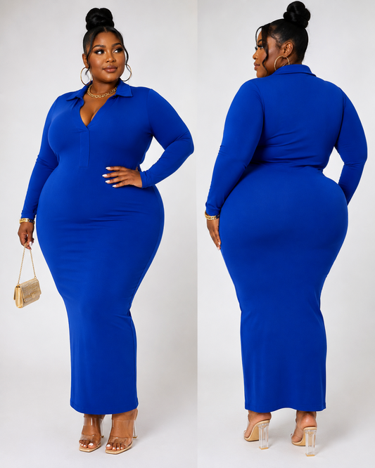PLUS SIZE 2-PIECE "GROWN & CLASSY" LONG SLEEVE COLLARED DRESS-ROYAL BLUE