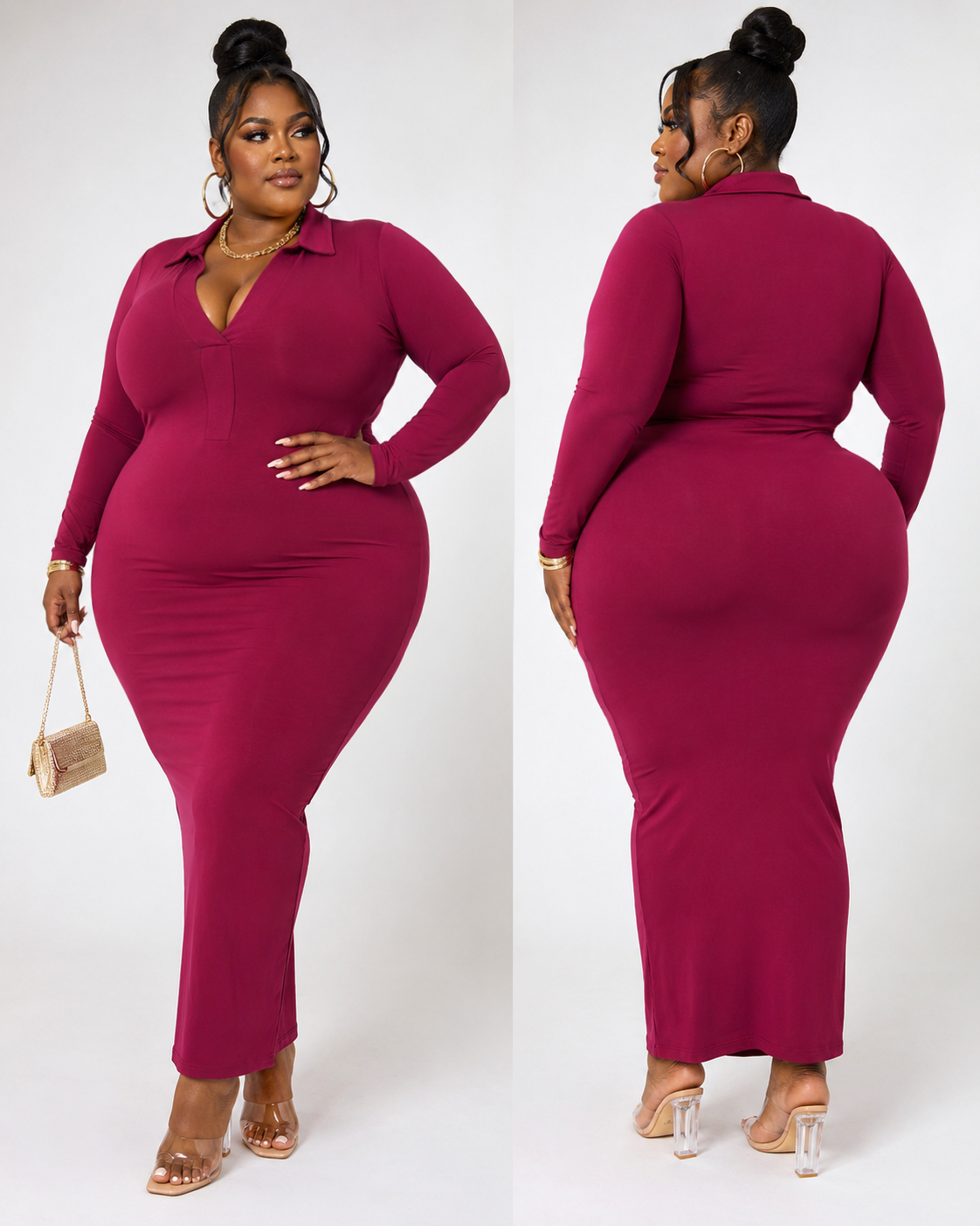 PLUS SIZE 2-PIECE "GROWN & CLASSY" LONG SLEEVE COLLARED DRESS-BURGUNDY